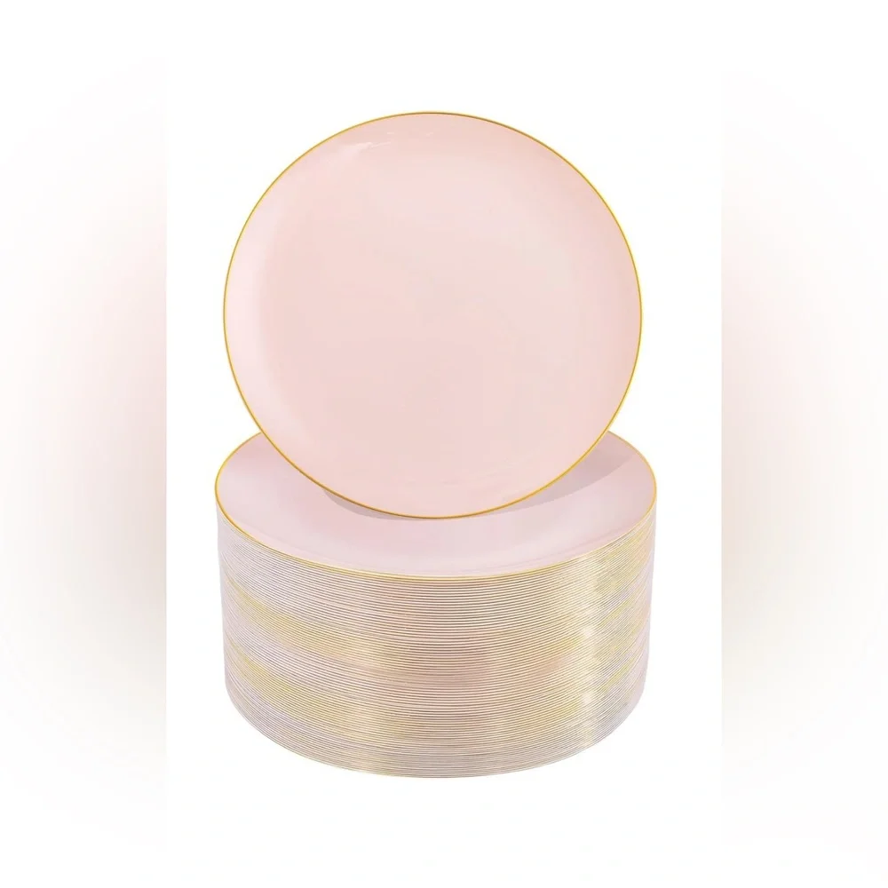100PCS Pink Disposable Plates w Gold Rim 10.25 inch Ideal for Wedding💒&Party🥳